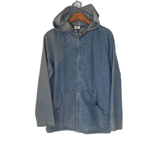 Chic Denim Jacket Hooded Soft Full Zip 100% Cotton Casual Cool Retro Y2K Size LG - Picture 3 of 11